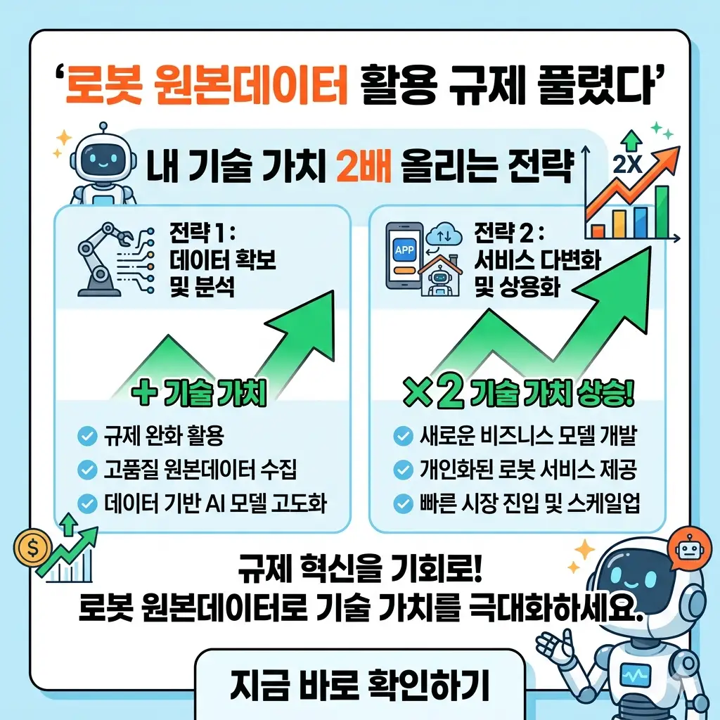 로봇 원본데이터 활용 규제 완화에 따른 기술 가치 상승 전략을 설명하는 1:1 비율의 밝은 톤 인포그래픽 포스터.