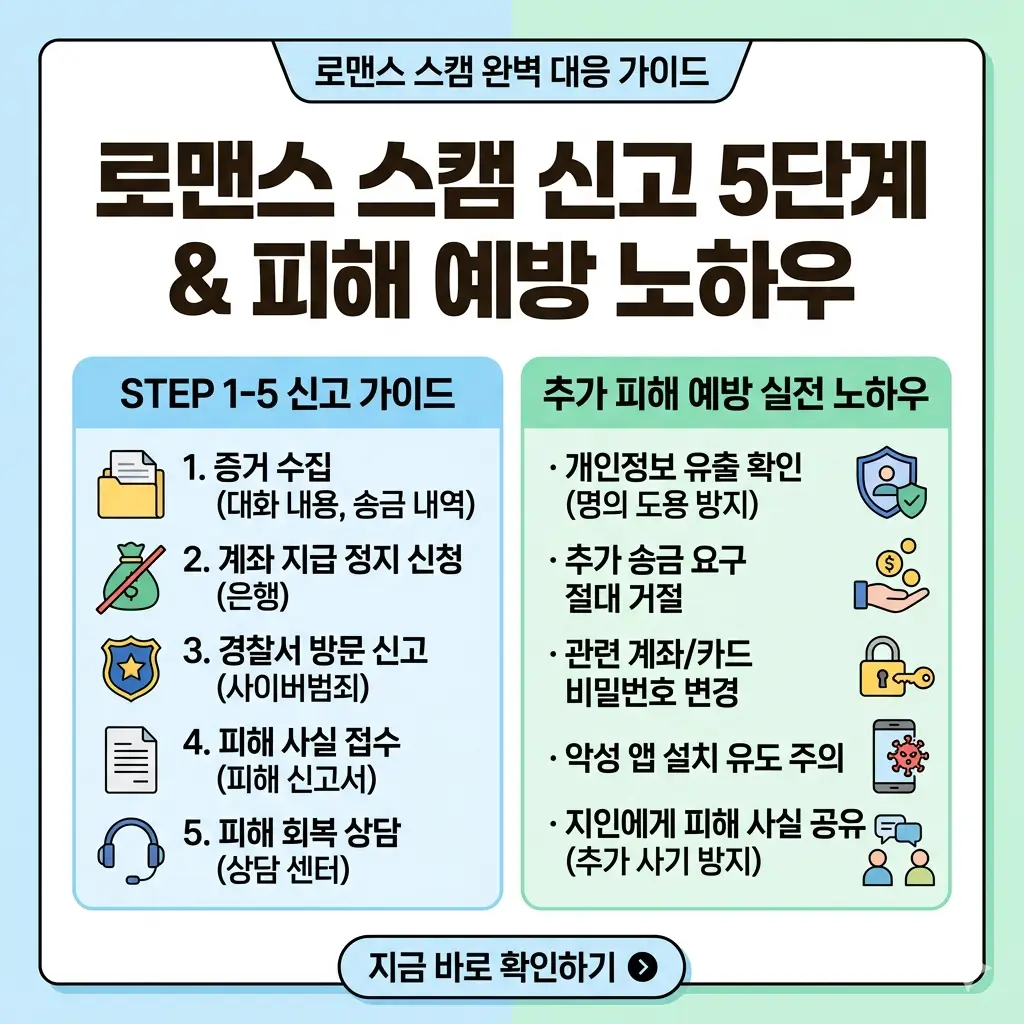 로맨스 스캠 신고 가이드 5단계와 추가 피해 예방 수칙을 설명하는 인포그래픽 포스터.