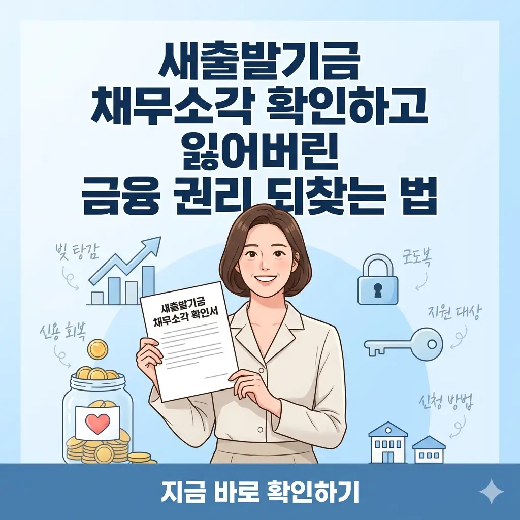 밝은 미소를 짓는 여성이 '새출발기금' 서류를 들고 있으며, 배경에는 그래프와 금융 권리 회복을 상징하는 아이콘들이 있습니다.