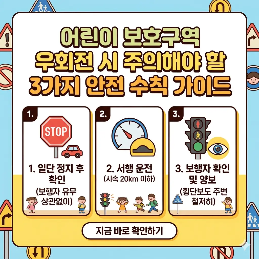 어린이 보호구역 우회전 시 3가지 안전 수칙(정지, 서행, 보행자 확인)을 담은 썸네일 이미지.