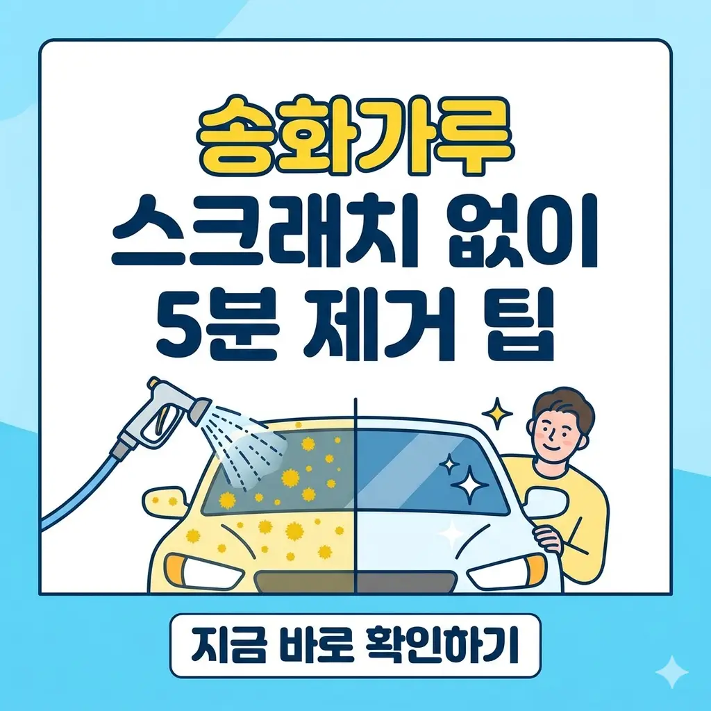 자동차 도장면 스크래치 없이 송화가루를 5분 만에 안전하고 빠르게 제거하는 세차 팁을 설명하는 썸네일 이미지.