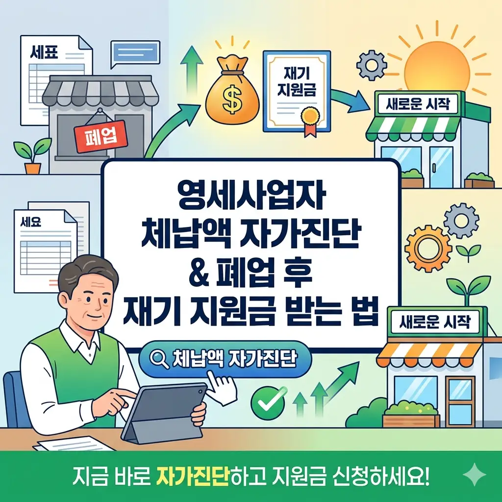 영세 개인사업자가 스마트폰으로 체납액 자가진단을 하고 폐업 후 재기 지원금을 받아 다시 일어서는 과정을 표현한 인포그래픽 썸네일