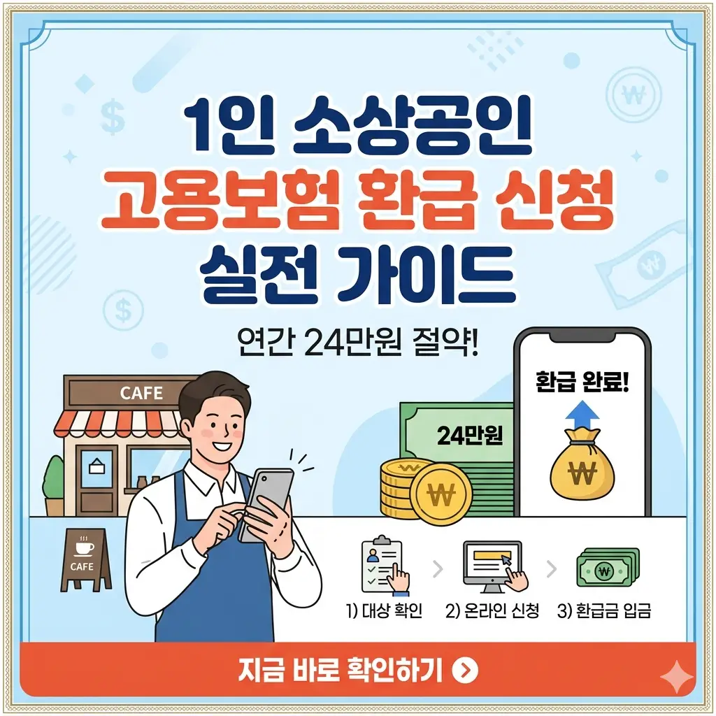 1인 소상공인 고용보험료 환급 신청 가이드로, 스마트폰 화면의 환급 완료 메시지와 동전 더미로 연간 24만 원 절약을 강조하는 1:1 썸네일.