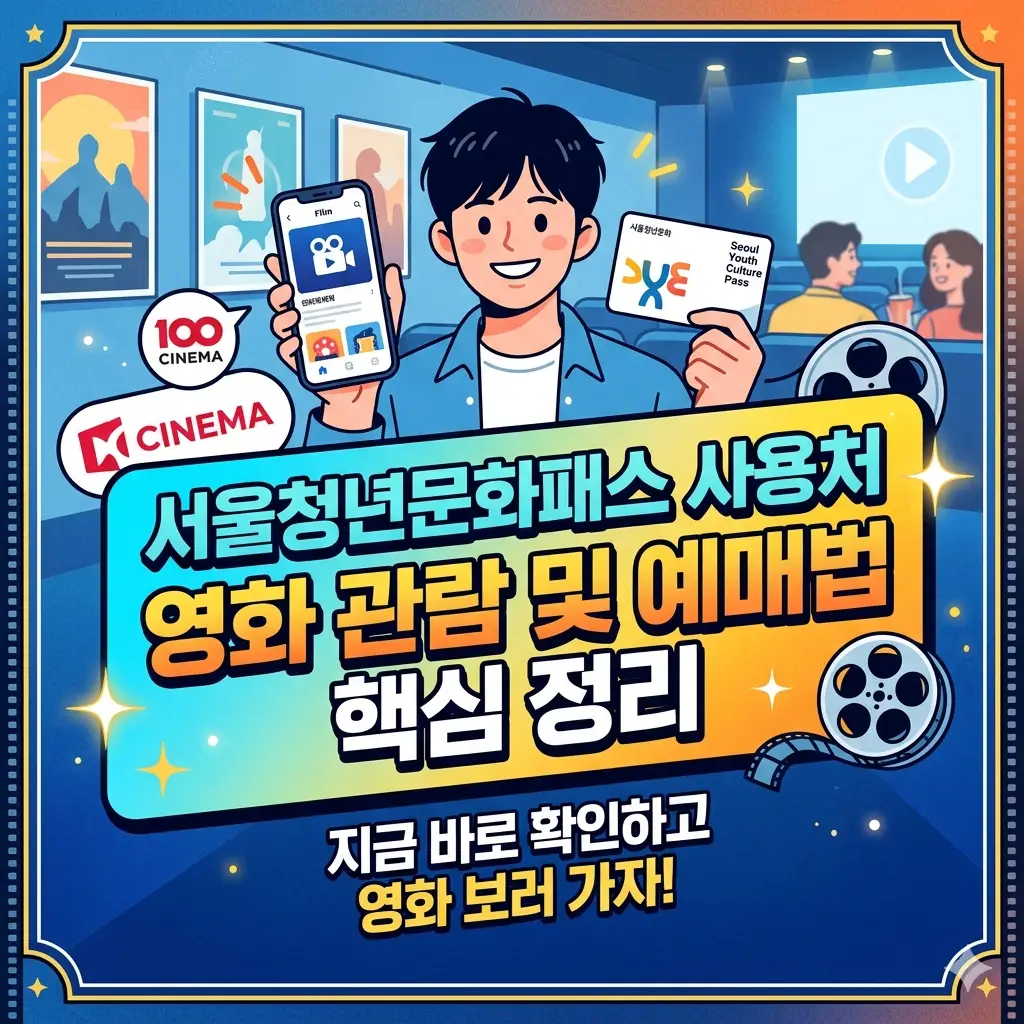 서울청년문화패스 사용처인 영화관 로고와 함께 청년이 영화를 즐기는 모습을 담은 썸네일