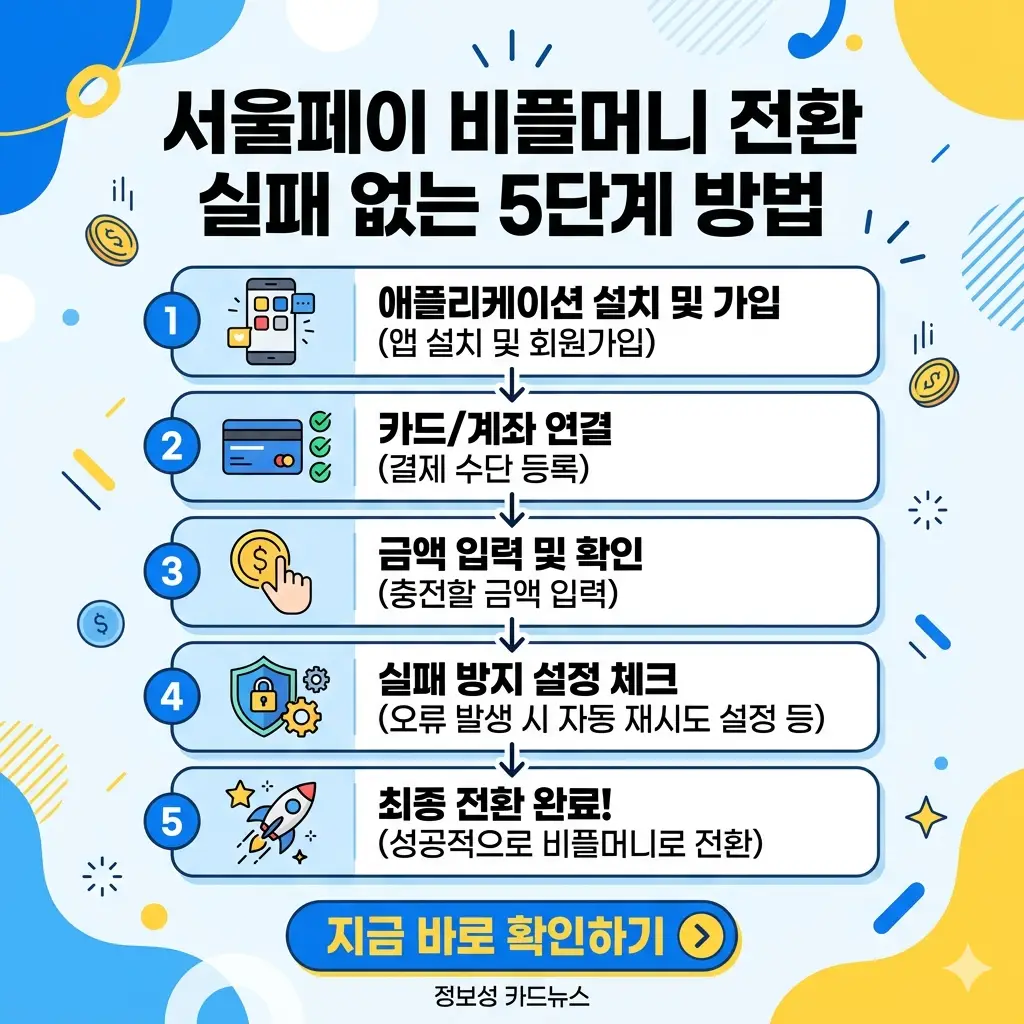 서울페이를 비플머니로 실패 없이 전환하는 5단계를 명확한 한글 텍스트와 그래픽으로 표현한 1:1 썸네일 이미지입니다.