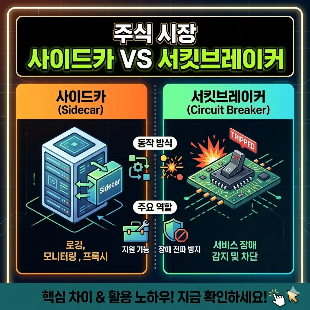 주식 시장의 안정화 장치인 사이드카와 서킷브레이커의 차이점을 한눈에 비교 분석하는 인포그래픽 썸네일 이미지입니다. 각 장치의 동작 방식과 주요 역할을 시각적으로 설명합니다.