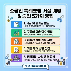 소공인 특례보증 승인을 위해 거절 사유를 방지하고 신용 점수를 관리하는 5가지 핵심 방법을 정리한 썸네일 이미지.