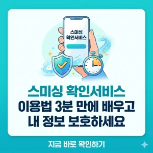 스마트폰 화면과 보안 방패, 시계 아이콘을 활용해 '스미싱 확인서비스'로 3분 만에 개인정보를 보호하는 방법을 안내하는 썸네일 이미지.