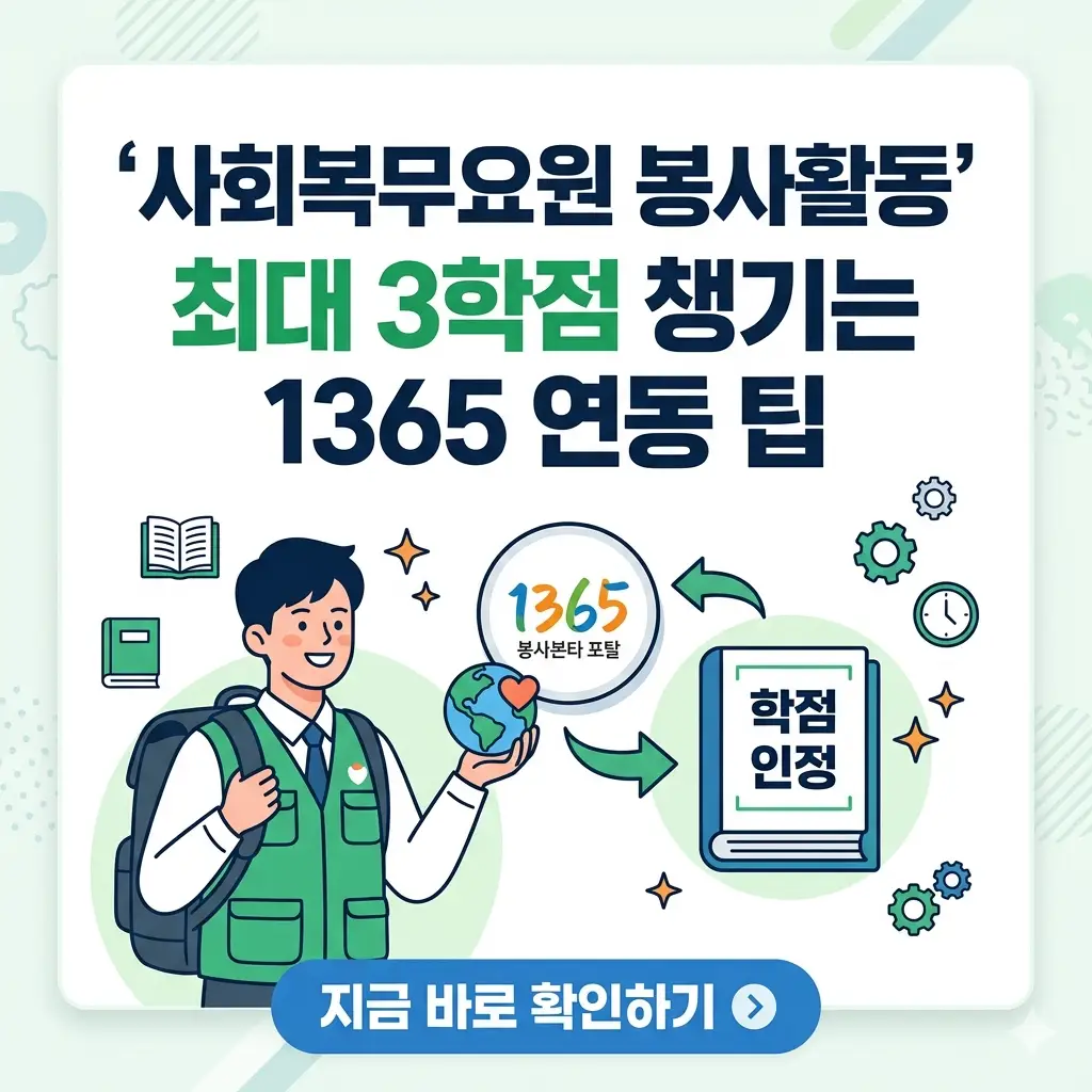 사회복무요원이 1365 자원봉사 포털과 연동하여 봉사활동 시간을 확인하고 최대 3학점을 인정받는 방법을 설명하는 인포그래픽형 썸네일 이미지입니다.