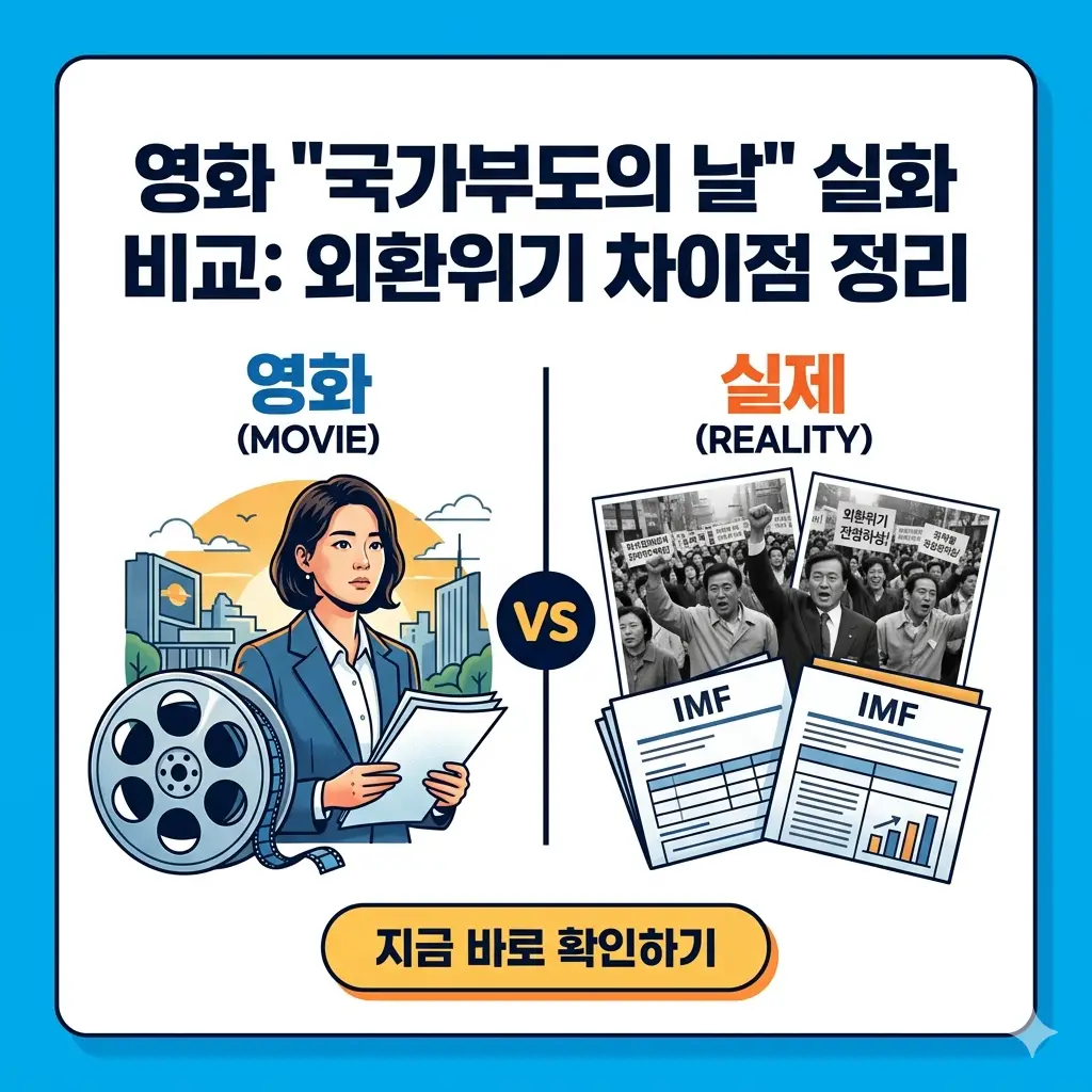 영화 '국가부도의 날'과 실제 1997년 IMF 외환위기의 역사적 사실 및 차이점을 비교 분석하는 썸네일 이미지.