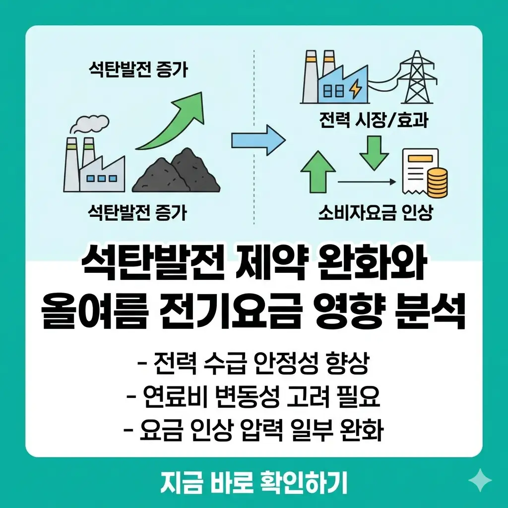 석탄발전 운전 제약 완화가 올여름 전기요금 인상 압력을 완화하는 효과를 분석한 인포그래픽 썸네일.