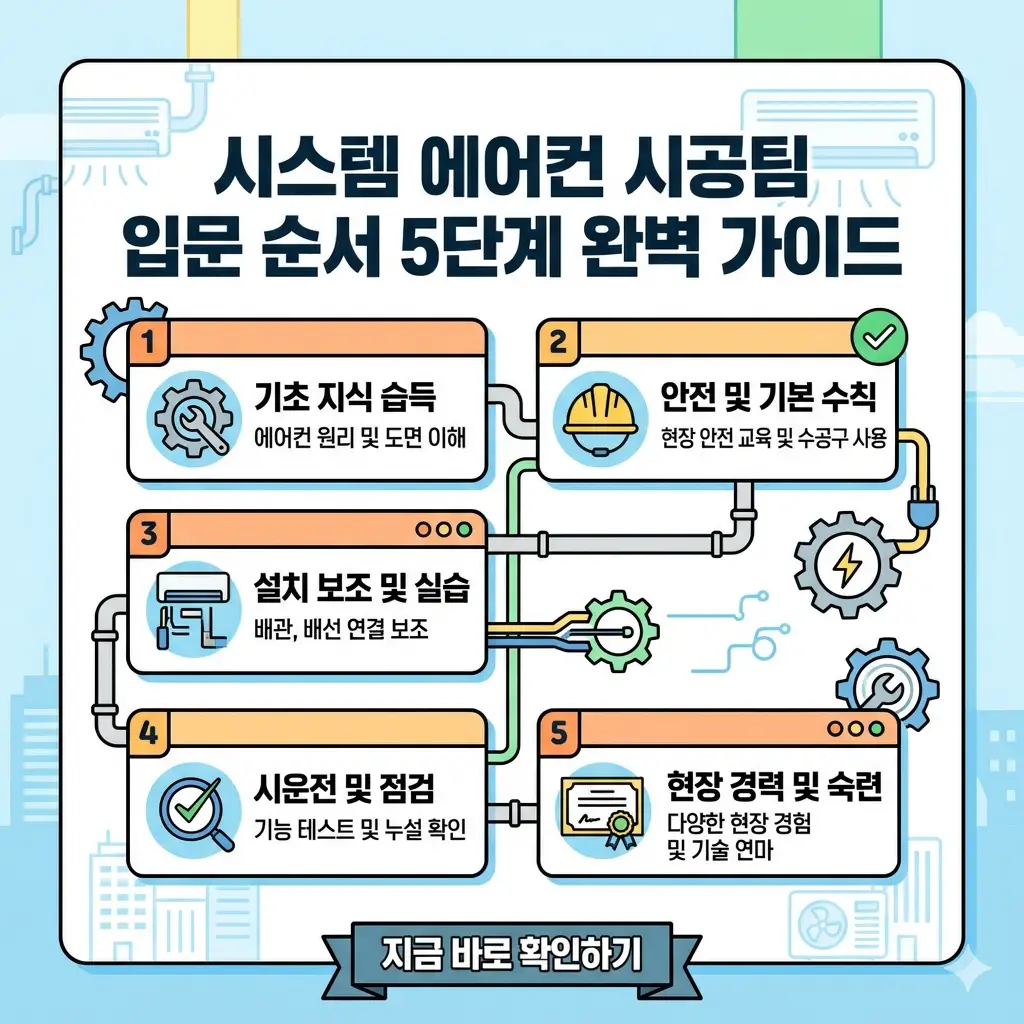시스템 에어컨 시공팀 입문 5단계를 설명하는 밝은 톤의 가이드 썸네일.