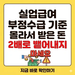 실업급여 부정수급 기준을 확인하여 잘못 지급된 지원금의 2배 반환 위험을 경고하는 인포그래픽 썸네일.