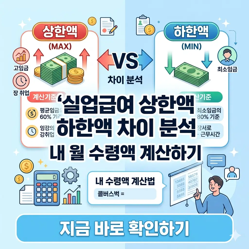 실업급여 상한액과 하한액 비교를 통해 예상 월 수령액을 계산하는 직관적인 포스터 이미지.