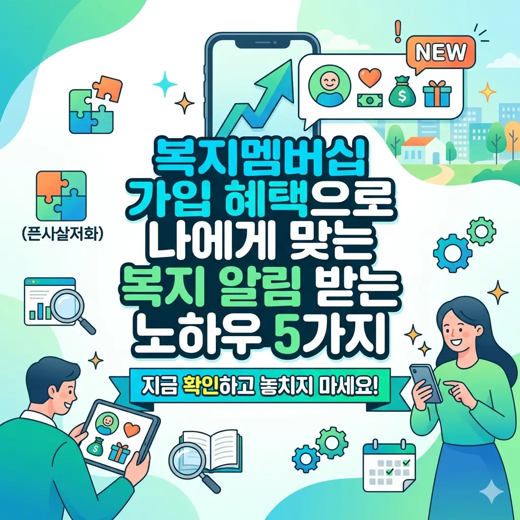 스마트폰 알림과 체크리스트로 표현된 복지멤버십 맞춤 혜택 알림 노하우 5가지 정보 그래픽.
