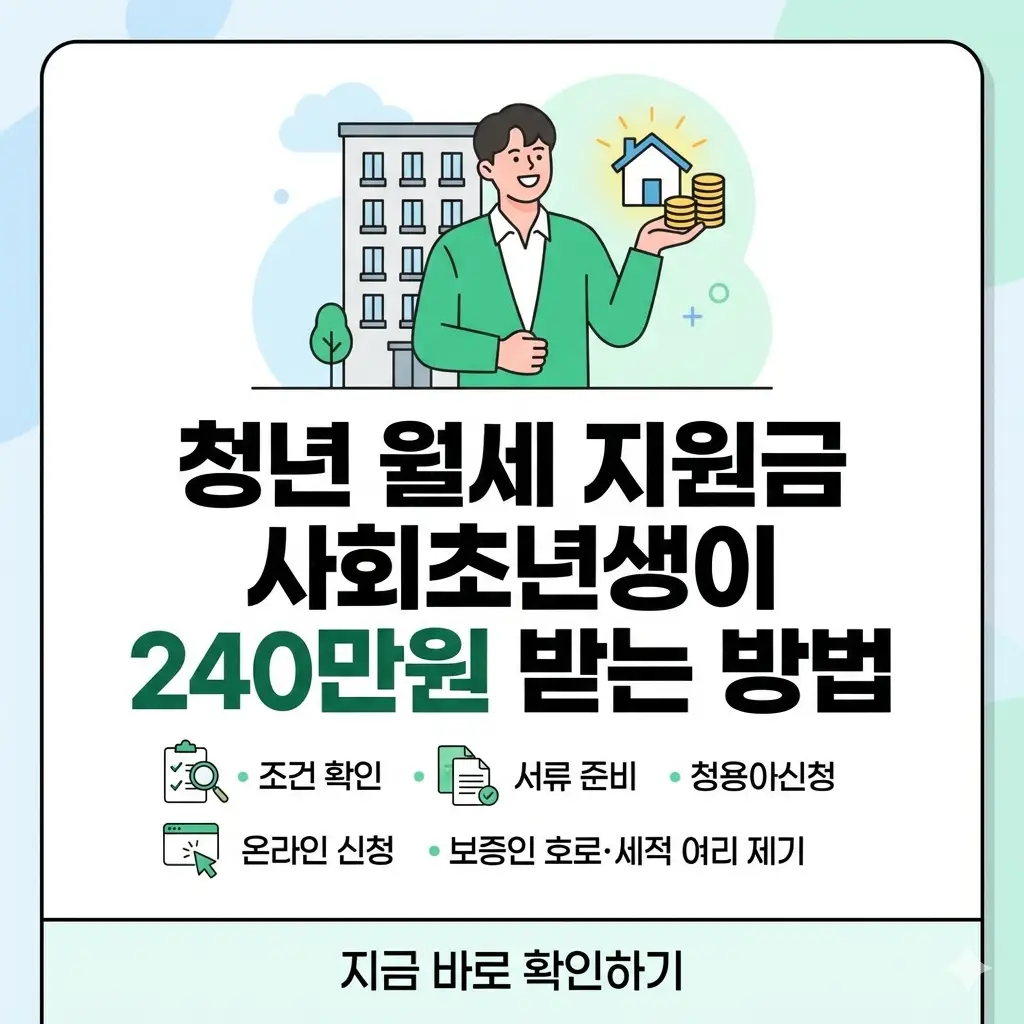 사회초년생이 최대 240만 원의 청년 월세 지원금을 받는 방법을 설명하는 정보성 썸네일 이미지.