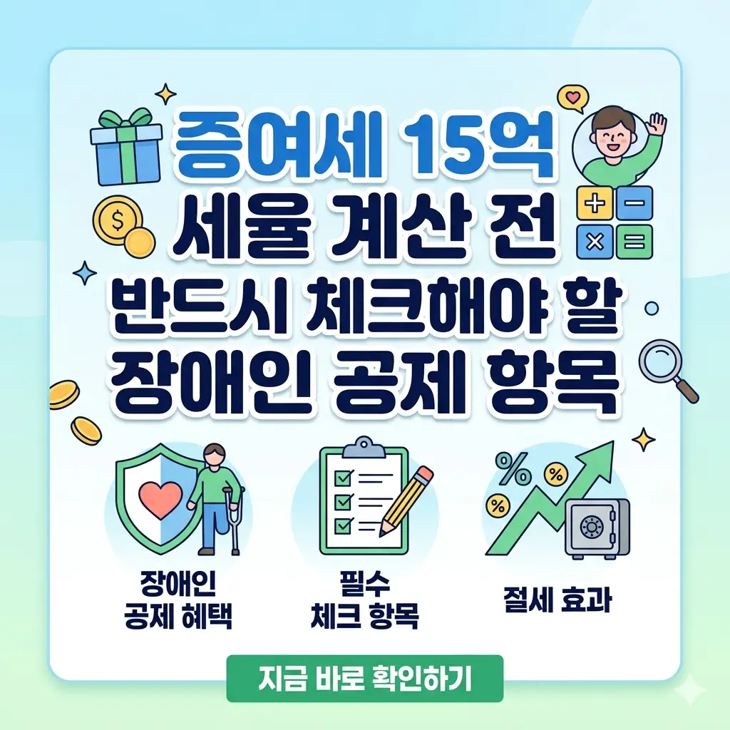 장애인 공제 혜택을 강조한 15억 증여세 계산 전 필수 체크 항목 안내 썸네일 이미지.