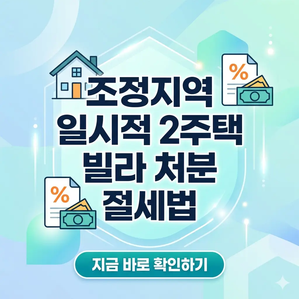조정지역 내 1가구 2주택자가 일시적 허용기간을 활용하여 빌라를 처분하고 양도소득세 등 세금을 절감하는 전략을 시각화한 이미지.