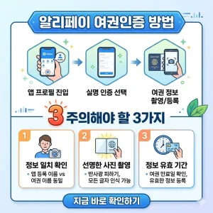 스마트폰을 이용한 알리페이 여권 인증 절차와 필수 주의사항 3가지를 설명하는 인포그래픽 썸네일 이미지.