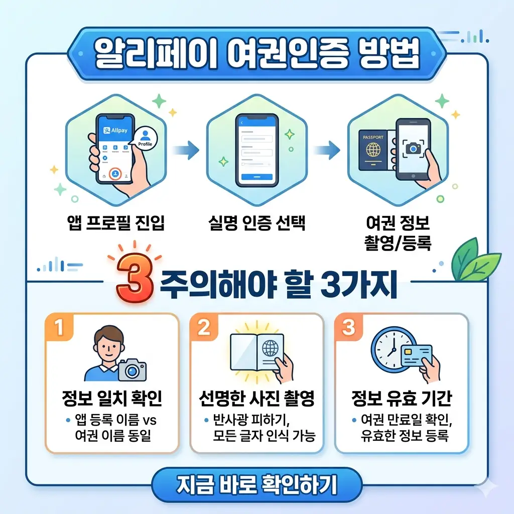 스마트폰을 이용한 알리페이 여권 인증 절차와 필수 주의사항 3가지를 설명하는 인포그래픽 썸네일 이미지.