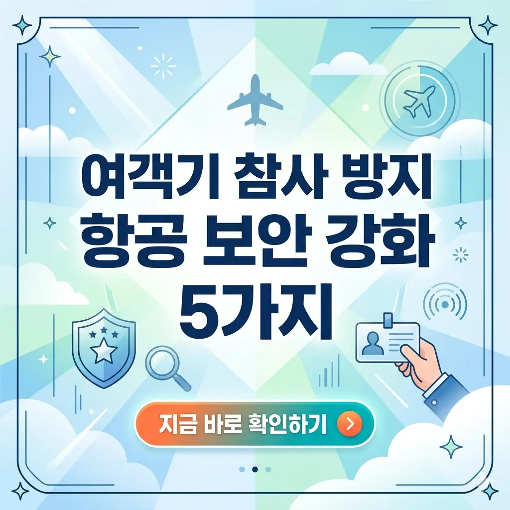 안전한 하늘길을 위해 비행기 보안 검사와 강화된 안전 수칙 5가지를 강조하는 밝고 신뢰감 있는 포스터 이미지.