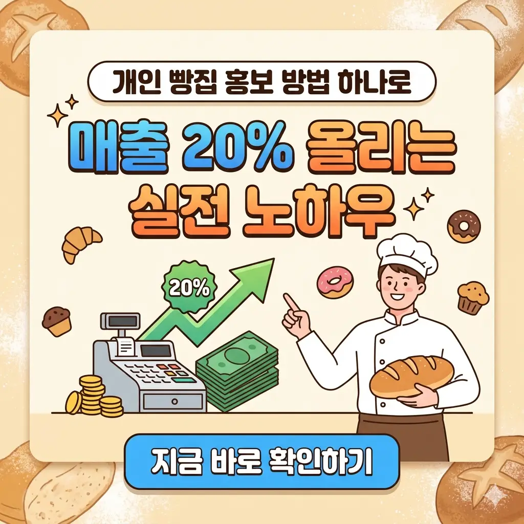 개인 빵집 매출 20% 상승을 위한 실전 홍보 노하우를 담은 1:1 비율의 밝고 직관적인 인포그래픽 포스터.