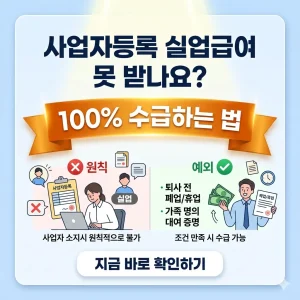 사업자등록증 소지자의 실업급여 수급 가능 여부와 100% 수급을 위한 조건을 안내하는 1:1 비율의 정보성 썸네일 이미지입니다.
