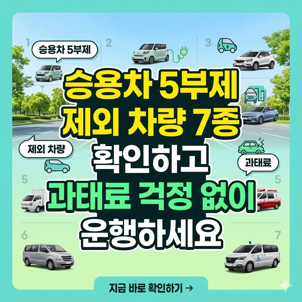 승용차 5부제 제외 대상인 7가지 차량 종류를 안내하고 과태료 예방 정보를 담은 가독성 높은 포스터 스타일의 썸네일 이미지.