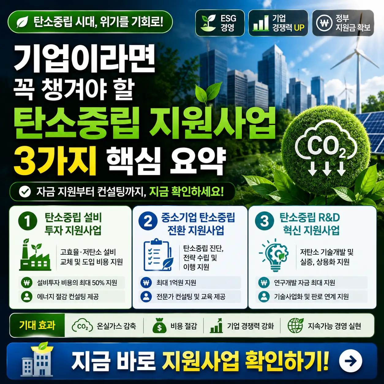 기업이 알아야 할 탄소중립 지원사업 3가지를 핵심만 정리한 정보형 썸네일.