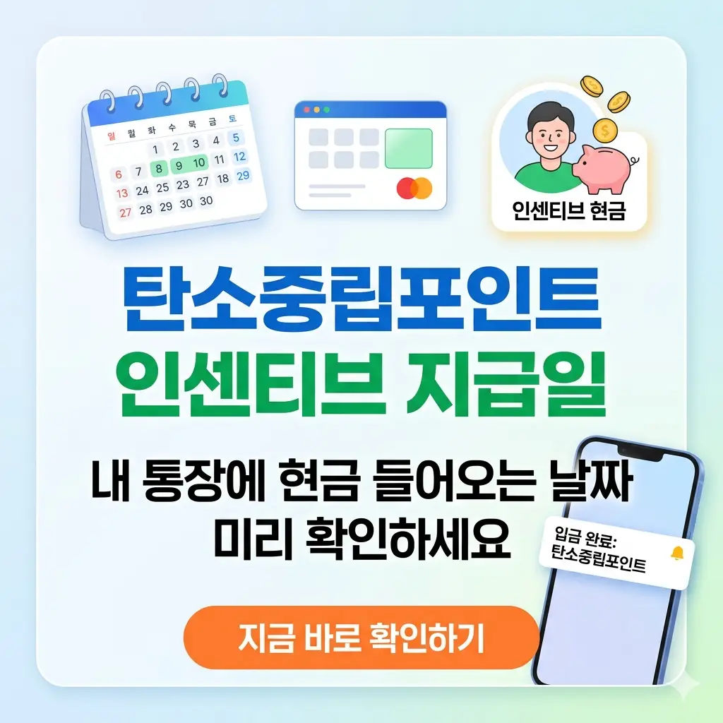 탄소중립포인트 인센티브 현금 지급일을 달력과 돈 아이콘으로 시각화하여 미리 확인하도록 유도하는 1:1 썸네일 이미지입니다.