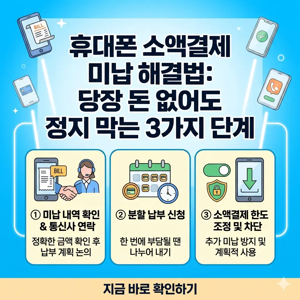 스마트폰 화면에 소액결제 미납 해결 3단계(확인, 분납, 지원요청)를 직관적으로 보여주는 1:1 비율의 포스터 이미지.