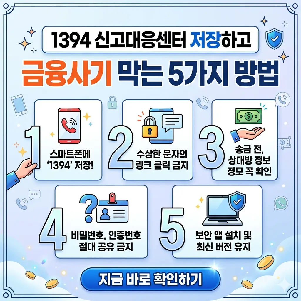금융사기 예방을 위한 1394 신고대응센터 저장과 5가지 핵심 방법을 안내하는 인포그래픽 썸네일 이미지.