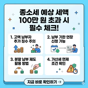 종소세 예상세액이 100만 원을 초과할 때 필수적으로 확인해야 할 가이드라인을 담은 1:1 정사각형 포스터.