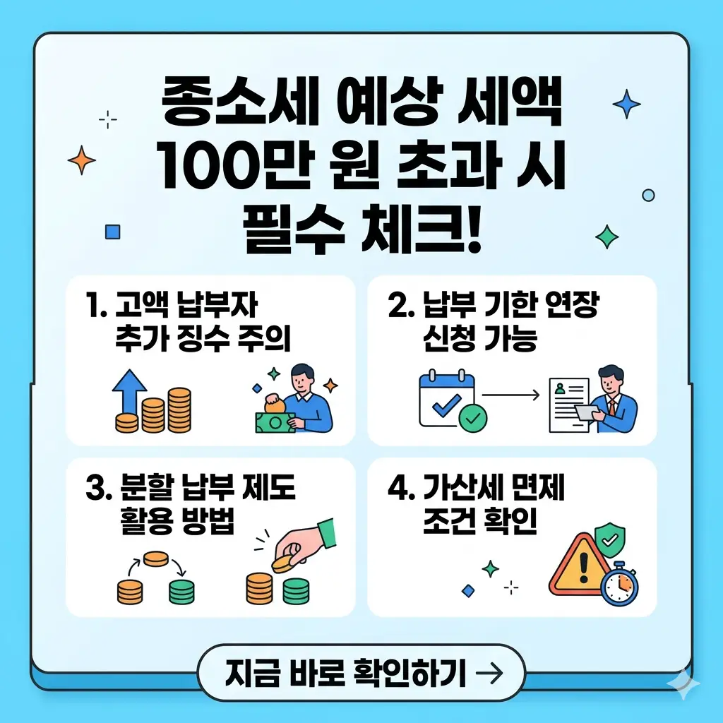 종소세 예상세액이 100만 원을 초과할 때 필수적으로 확인해야 할 가이드라인을 담은 1:1 정사각형 포스터.