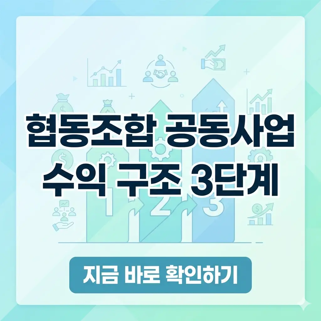 협동조합의 3단계 수익 구조 모델을 도식화하여 보여주는 밝고 가독성 좋은 썸네일 이미지입니다.