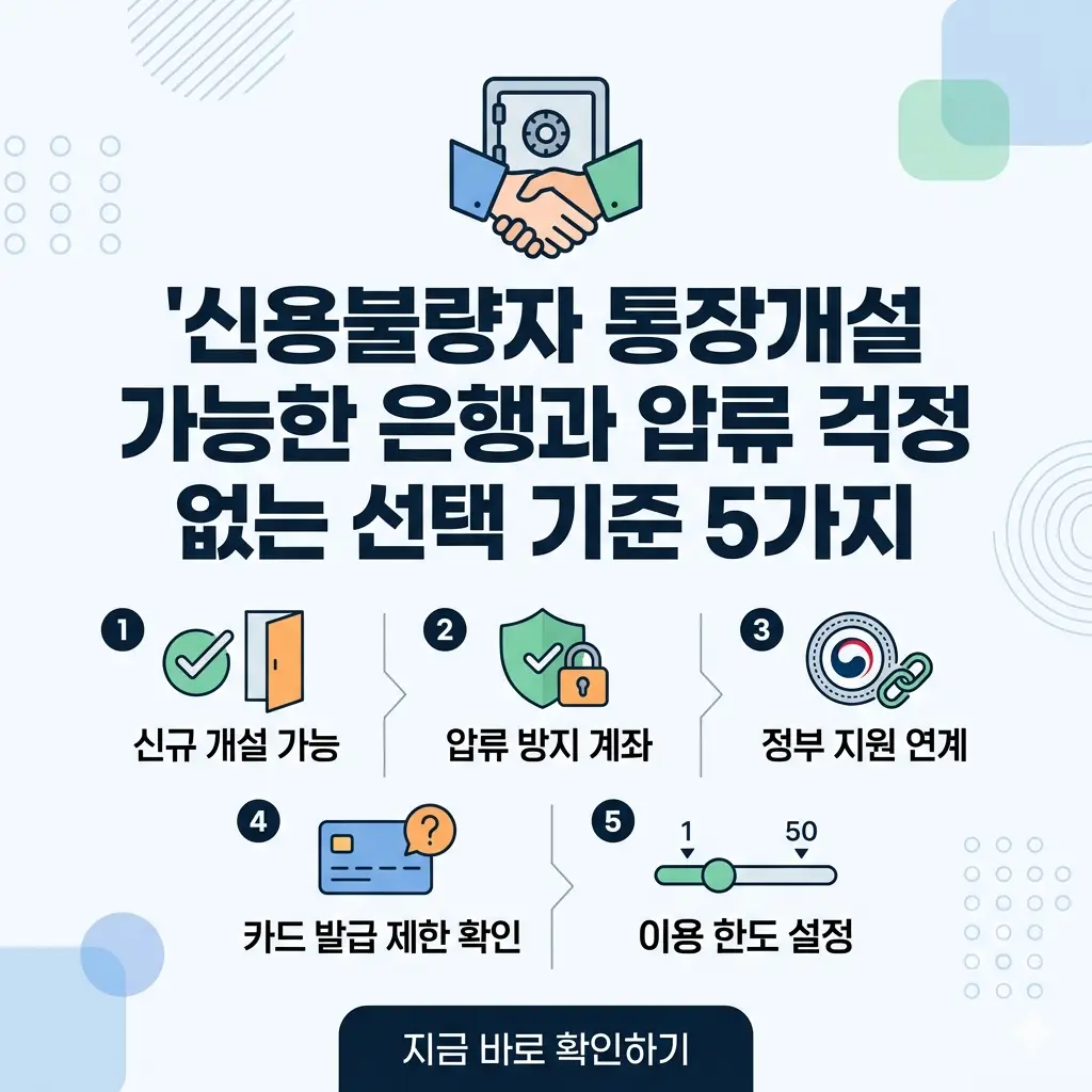 신용불량자도 가능한 통장 개설 안내와 압류 방지 기준 5가지를 설명하는 가독성 높은 1:1 포스터.