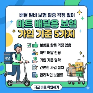 마트 배달 가방을 멘 남성과 보험 가입 기준 5가지 목록이 그려진 1:1 썸네일 이미지.