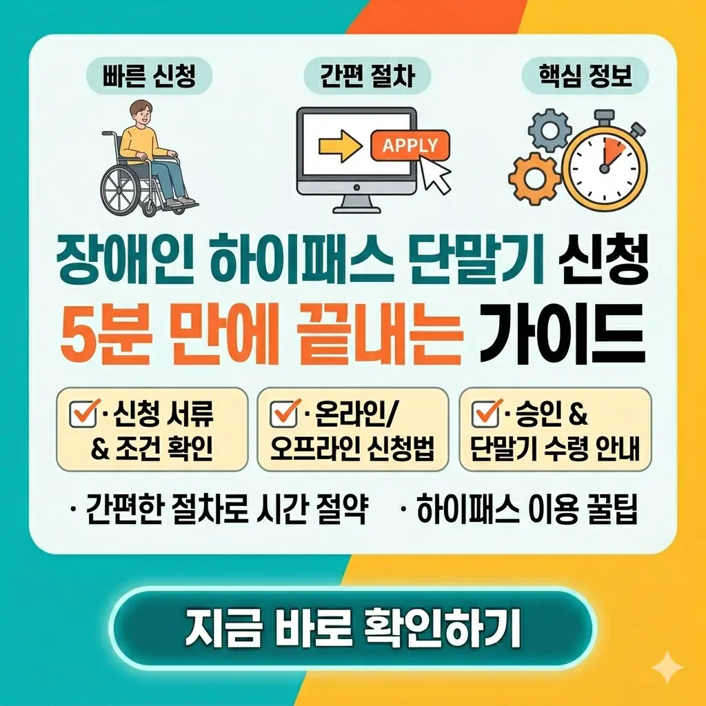 장애인 하이패스 단말기 신청 방법을 5분 만에 끝내는 가이드를 설명하는 인포그래픽 썸네일 이미지.