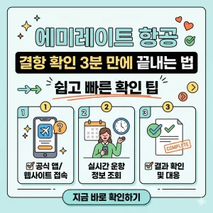 스마트폰을 이용해 에미레이트 항공편의 결항 여부를 3분 만에 빠르고 간편하게 확인하는 방법을 설명하는 인포그래픽 썸네일 이미지.