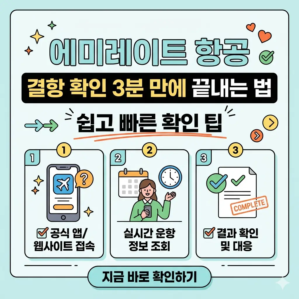 스마트폰을 이용해 에미레이트 항공편의 결항 여부를 3분 만에 빠르고 간편하게 확인하는 방법을 설명하는 인포그래픽 썸네일 이미지.