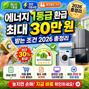 에너지 1등급 가전 환급 조건과 최대 30만 원 혜택을 강조한 2026 안내 썸네일.