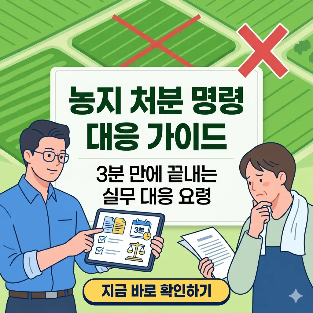 '농지 처분 명령 대응 가이드'라는 크고 노란색 글씨의 제목과 하단에 '지금 바로 확인하기' 문구가 있는, 농지와 서류를 쥔 손이 그려진 1:1 비율의 정보성 썸네일.