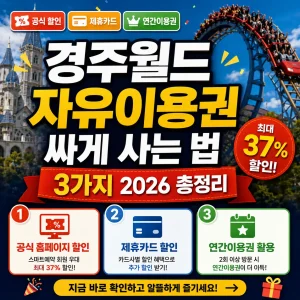 경주월드 자유이용권을 2026년 할인 방법 3가지로 싸게 사는 법을 강조한 썸네일.