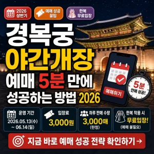 밤의 경복궁을 배경으로 2026 야간개장 예매 성공 팁을 강조한 썸네일.