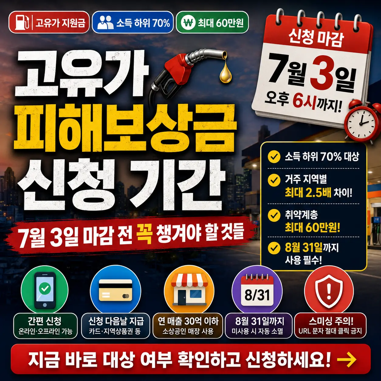 7월 3일 마감되는 고유가 피해보상금 신청 체크리스트를 강조한 안내형 썸네일.