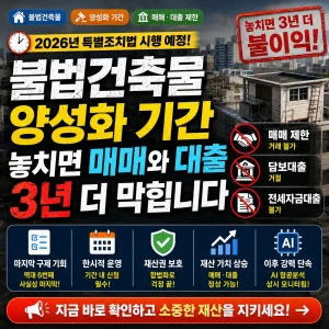 불법건축물 양성화 기간과 매매·대출 제한 위험을 강조한 부동산 법률 썸네일.