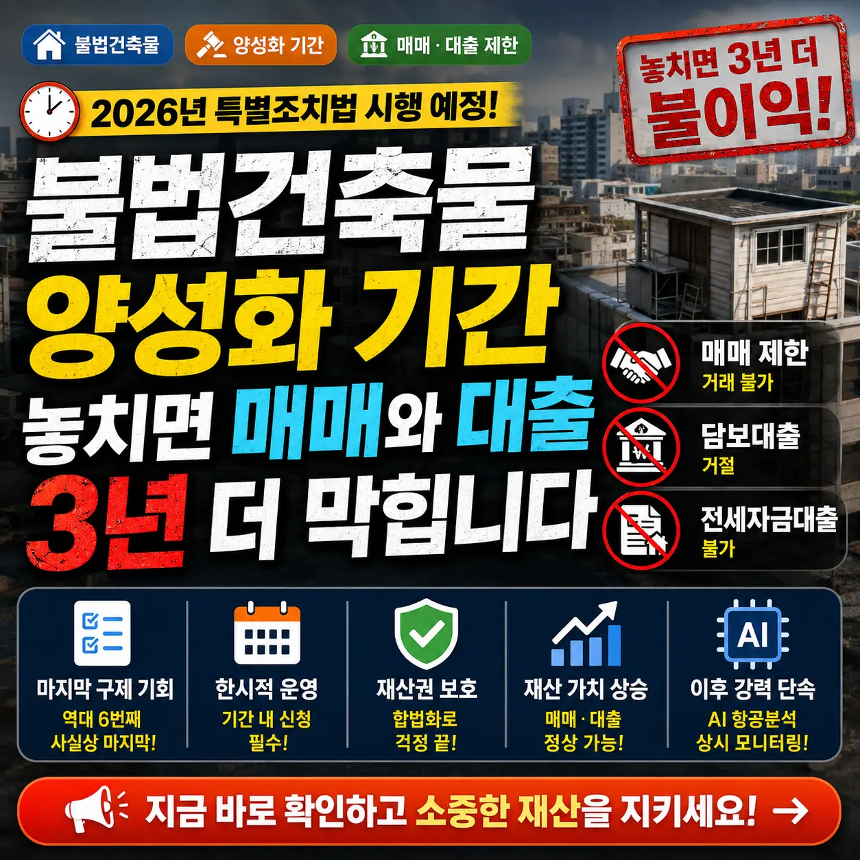 불법건축물 양성화 기간과 매매·대출 제한 위험을 강조한 부동산 법률 썸네일.