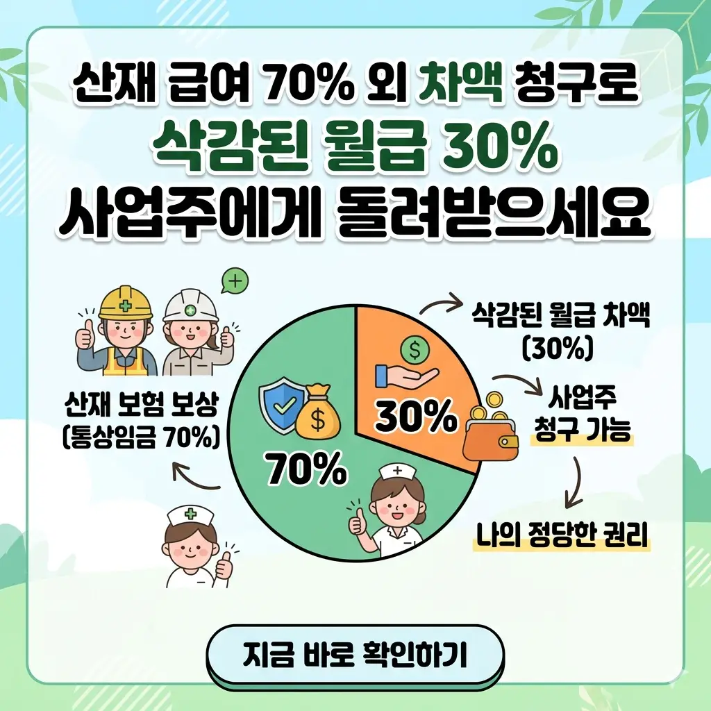 산업 재해로 인해 산재 급여(70%)를 제외한 30%의 임금 차액을 사업주에게 청구하여 돌려받을 수 있다는 정보를 안내하는 타이포그래피 인포그래피 썸네일 이미지입니다.