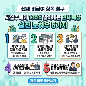 산재 비급여 항목에 대해 사업주에게 100% 민사 배상을 받아내기 위한 핵심 실전 노하우 5단계를 설명하는 인포그래픽 포스터.