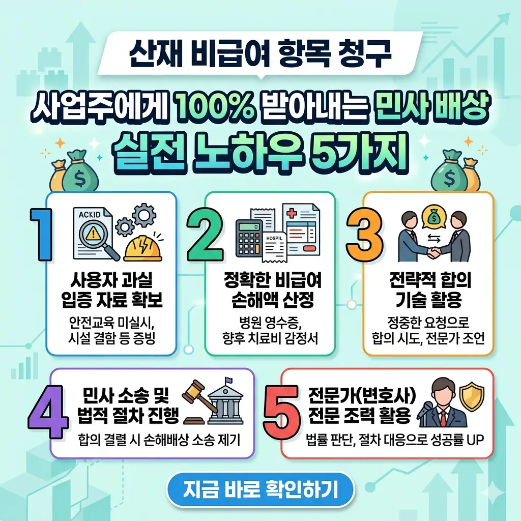 산재 비급여 항목에 대해 사업주에게 100% 민사 배상을 받아내기 위한 핵심 실전 노하우 5단계를 설명하는 인포그래픽 포스터.